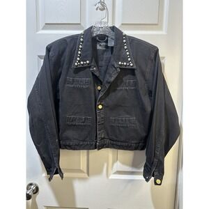 Vintage 90s LizWear Pearl Collar Cropped Boxy Denim Jacket Medium Bridal Club